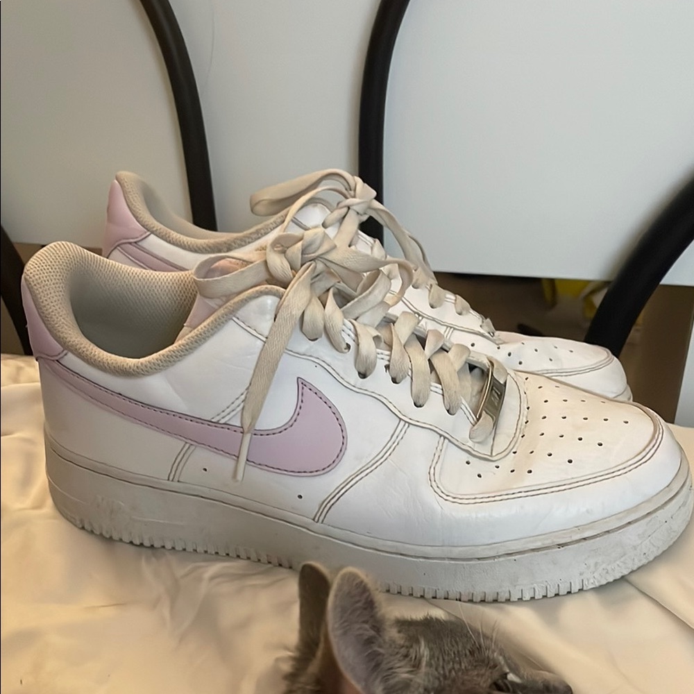 Nike Women's White and Pink Sneakers (Airforce 1 with pink/purple swoosh)